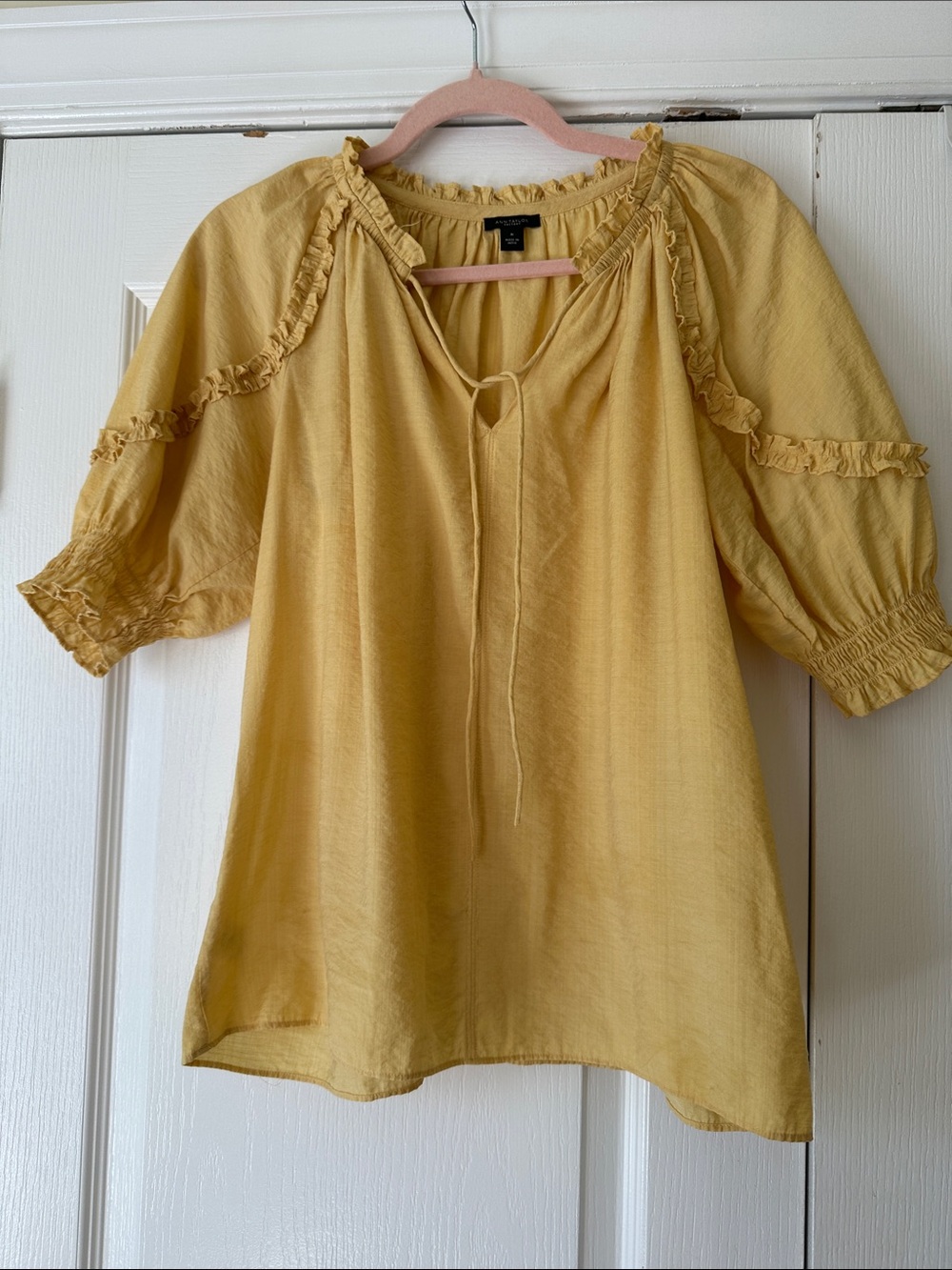 Ann Taylor Mustard Yellow Ruffle Peasant Blouse